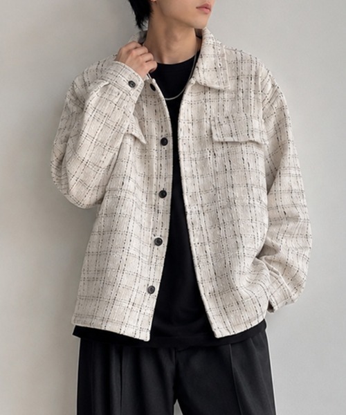 CLOTHY(クロシィ)の「【クラシカルなツイードを、今っぽくラフに】ミックスツイード オーバーシャツジャケット(シャツ/ブラウス・メンズ・ブラック/オフホワイト・FREE)」の2枚目の写真