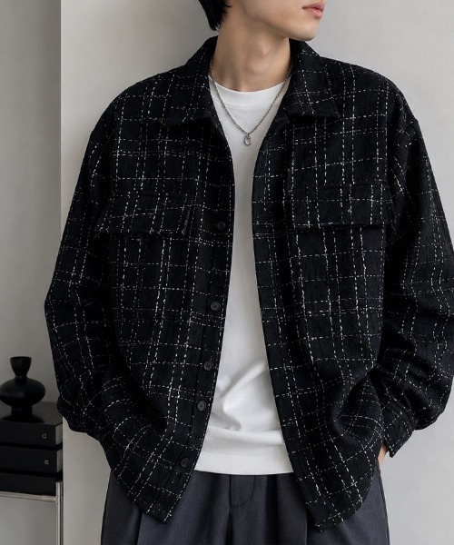 CLOTHY(クロシィ)の「【クラシカルなツイードを、今っぽくラフに】ミックスツイード オーバーシャツジャケット(シャツ/ブラウス・メンズ・ブラック/オフホワイト・FREE)」の1枚目の写真