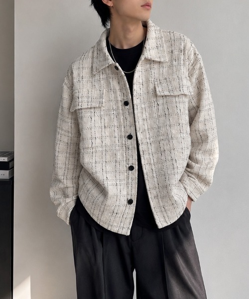 CLOTHY(クロシィ)の「【クラシカルなツイードを、今っぽくラフに】ミックスツイード オーバーシャツジャケット(シャツ/ブラウス・メンズ・ブラック/オフホワイト・FREE)」の3枚目の写真