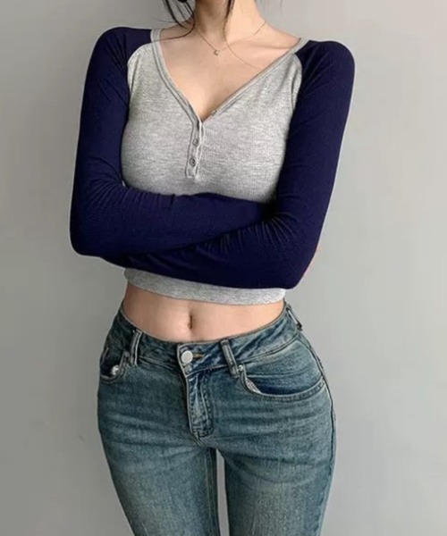 Sibra(シブラ)の「【秋冬新作】配色ラグランヘンリーネックリブ長袖トップス(Tシャツ/カットソー・レディース・グレー・M)」の8枚目の写真