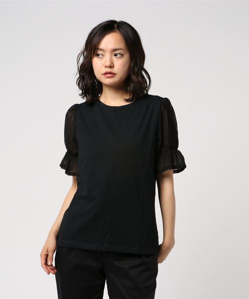 POU DOU DOU(プードゥドゥ)の「エンブロイダリーシフォン袖プルオーバー(Tシャツ/カットソー・レディース・ブラック/ネイビー/オフホワイト・3)」の3枚目の写真