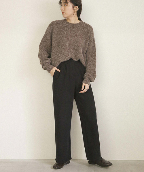 select MOCA（セレクトモカ）の「ニットライクフロントタックワイドパンツ/コットンソフトタッチフルレングスナチュラルカットオフハイウエストパンツ（その他パンツ・レディース・ブラック/アイボリー・SMALL/MEDIUM）」の4枚目の写真
