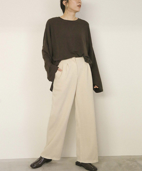 select MOCA（セレクトモカ）の「ニットライクフロントタックワイドパンツ/コットンソフトタッチフルレングスナチュラルカットオフハイウエストパンツ（その他パンツ・レディース・ブラック/アイボリー・SMALL/MEDIUM）」の6枚目の写真