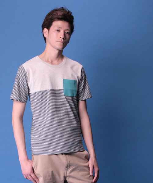 R.NEWBOLD(アールニューボールド)の「CREW NECK BORDER T-SH/SWITCHING/145541(Tシャツ/カットソー・メンズ・ホワイト系その他/グリーン/ネイビー・X-LARGE/LARGE/MEDIUM/SMALL)」の2枚目の写真