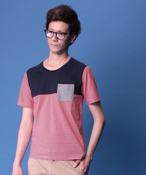 R.NEWBOLD(アールニューボールド)の「CREW NECK BORDER T-SH/SWITCHING/145541(Tシャツ/カットソー・メンズ・ホワイト系その他/グリーン/ネイビー・X-LARGE/LARGE/MEDIUM/SMALL)」の1枚目の写真