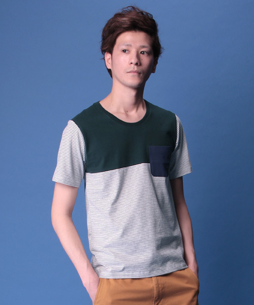 R.NEWBOLD(アールニューボールド)の「CREW NECK BORDER T-SH/SWITCHING/145541(Tシャツ/カットソー・メンズ・ホワイト系その他/グリーン/ネイビー・X-LARGE/LARGE/MEDIUM/SMALL)」の3枚目の写真