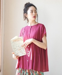 コットンガーゼ 袖タック ボクシーブラウス