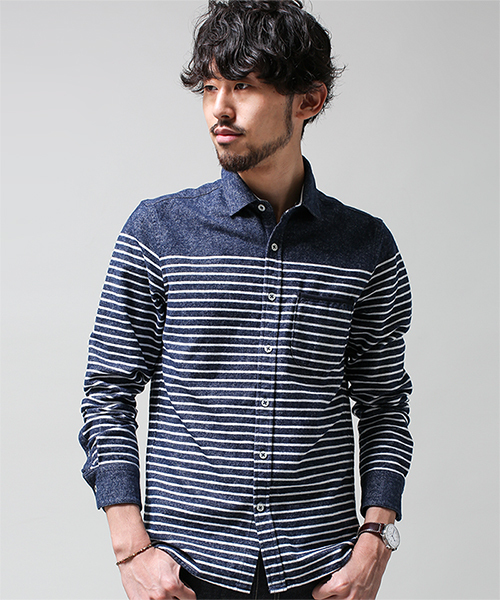 NANO universe(ナノユニバース)の「ナッピングパネルボーダーSH(シャツ/ブラウス・メンズ・ホワイト/ネイビー/グレー/グリーン・X-LARGE/LARGE/SMALL/MEDIUM)」の4枚目の写真