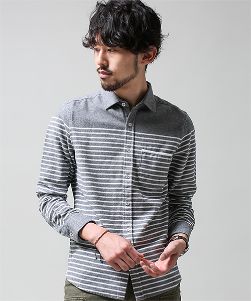 NANO universe(ナノユニバース)の「ナッピングパネルボーダーSH(シャツ/ブラウス・メンズ・ホワイト/ネイビー/グレー/グリーン・X-LARGE/LARGE/SMALL/MEDIUM)」の1枚目の写真