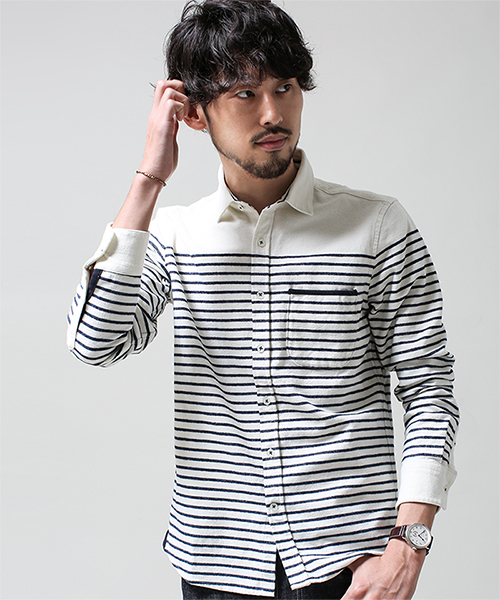 NANO universe(ナノユニバース)の「ナッピングパネルボーダーSH(シャツ/ブラウス・メンズ・ホワイト/ネイビー/グレー/グリーン・X-LARGE/LARGE/SMALL/MEDIUM)」の2枚目の写真