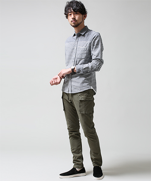 NANO universe(ナノユニバース)の「ナッピングパネルボーダーSH(シャツ/ブラウス・メンズ・ホワイト/ネイビー/グレー/グリーン・X-LARGE/LARGE/SMALL/MEDIUM)」の5枚目の写真