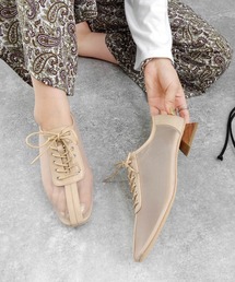 チュール×PUコンビのレースアップシューズ　◆