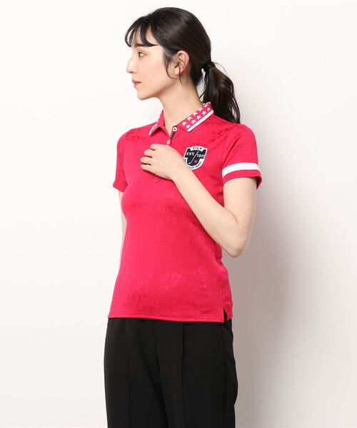 FILA（フィラ）の「FILA GOLF/フィラゴルフ 総柄 ロゴジャガード 衿ライン 半袖ポロシャツ/吸汗速乾 UVカット/ゴルフウェア/レディース（ポロシャツ・レディース・ネイビー/ホワイト/ピンク/ブルー・L/M/LL/S）」の4枚目の写真