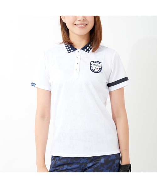 FILA（フィラ）の「FILA GOLF/フィラゴルフ 総柄 ロゴジャガード 衿ライン 半袖ポロシャツ/吸汗速乾 UVカット/ゴルフウェア/レディース（ポロシャツ・レディース・ネイビー/ホワイト/ピンク/ブルー・L/M/LL/S）」の22枚目の写真