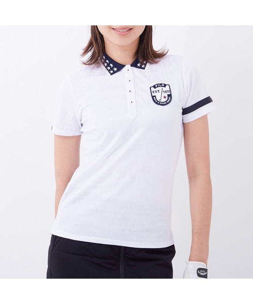 FILA（フィラ）の「FILA GOLF/フィラゴルフ 総柄 ロゴジャガード 衿ライン 半袖ポロシャツ/吸汗速乾 UVカット/ゴルフウェア/レディース（ポロシャツ・レディース・ネイビー/ホワイト/ピンク/ブルー・L/M/LL/S）」の21枚目の写真
