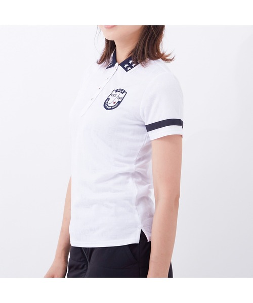 FILA（フィラ）の「FILA GOLF/フィラゴルフ 総柄 ロゴジャガード 衿ライン 半袖ポロシャツ/吸汗速乾 UVカット/ゴルフウェア/レディース（ポロシャツ・レディース・ネイビー/ホワイト/ピンク/ブルー・L/M/LL/S）」の19枚目の写真