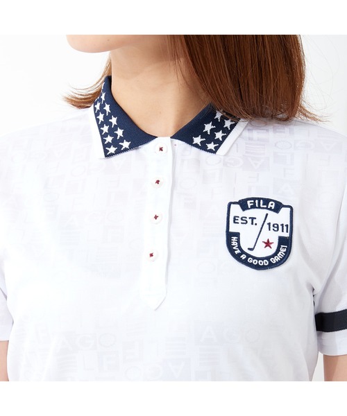 FILA（フィラ）の「FILA GOLF/フィラゴルフ 総柄 ロゴジャガード 衿ライン 半袖ポロシャツ/吸汗速乾 UVカット/ゴルフウェア/レディース（ポロシャツ・レディース・ネイビー/ホワイト/ピンク/ブルー・L/M/LL/S）」の14枚目の写真