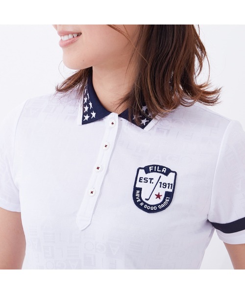 FILA（フィラ）の「FILA GOLF/フィラゴルフ 総柄 ロゴジャガード 衿ライン 半袖ポロシャツ/吸汗速乾 UVカット/ゴルフウェア/レディース（ポロシャツ・レディース・ネイビー/ホワイト/ピンク/ブルー・L/M/LL/S）」の13枚目の写真