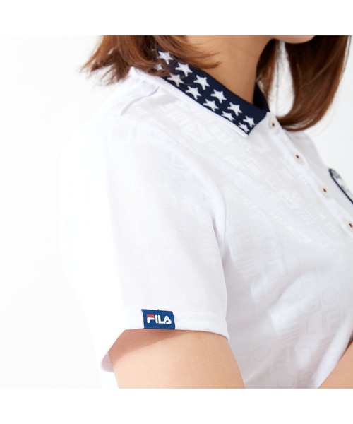 FILA（フィラ）の「FILA GOLF/フィラゴルフ 総柄 ロゴジャガード 衿ライン 半袖ポロシャツ/吸汗速乾 UVカット/ゴルフウェア/レディース（ポロシャツ・レディース・ネイビー/ホワイト/ピンク/ブルー・L/M/LL/S）」の12枚目の写真