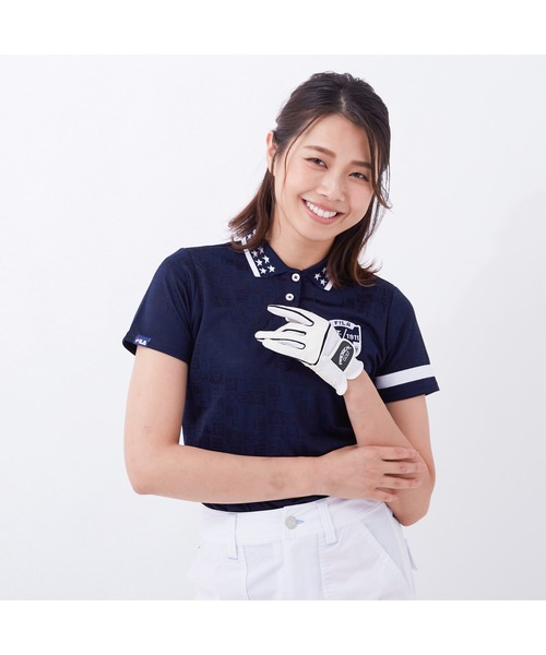 FILA（フィラ）の「FILA GOLF/フィラゴルフ 総柄 ロゴジャガード 衿ライン 半袖ポロシャツ/吸汗速乾 UVカット/ゴルフウェア/レディース（ポロシャツ・レディース・ネイビー/ホワイト/ピンク/ブルー・L/M/LL/S）」の8枚目の写真
