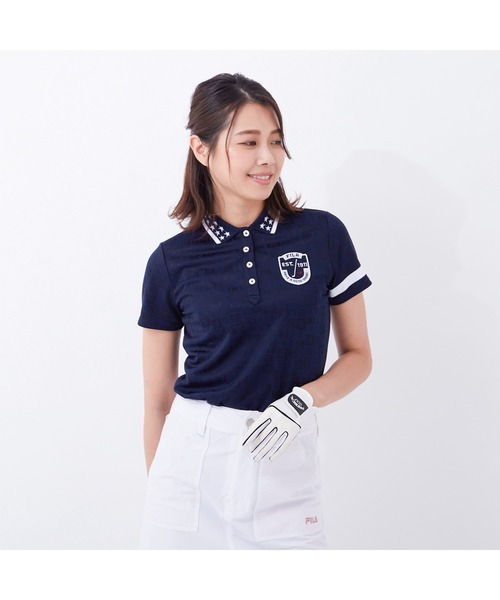FILA（フィラ）の「FILA GOLF/フィラゴルフ 総柄 ロゴジャガード 衿ライン 半袖ポロシャツ/吸汗速乾 UVカット/ゴルフウェア/レディース（ポロシャツ・レディース・ネイビー/ホワイト/ピンク/ブルー・L/M/LL/S）」の7枚目の写真
