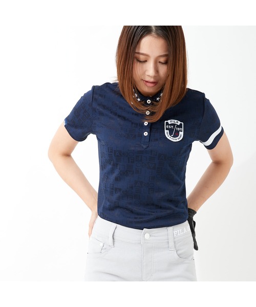 FILA（フィラ）の「FILA GOLF/フィラゴルフ 総柄 ロゴジャガード 衿ライン 半袖ポロシャツ/吸汗速乾 UVカット/ゴルフウェア/レディース（ポロシャツ・レディース・ネイビー/ホワイト/ピンク/ブルー・L/M/LL/S）」の6枚目の写真