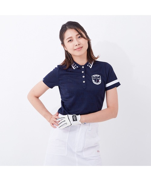 FILA（フィラ）の「FILA GOLF/フィラゴルフ 総柄 ロゴジャガード 衿ライン 半袖ポロシャツ/吸汗速乾 UVカット/ゴルフウェア/レディース（ポロシャツ・レディース・ネイビー/ホワイト/ピンク/ブルー・L/M/LL/S）」の5枚目の写真