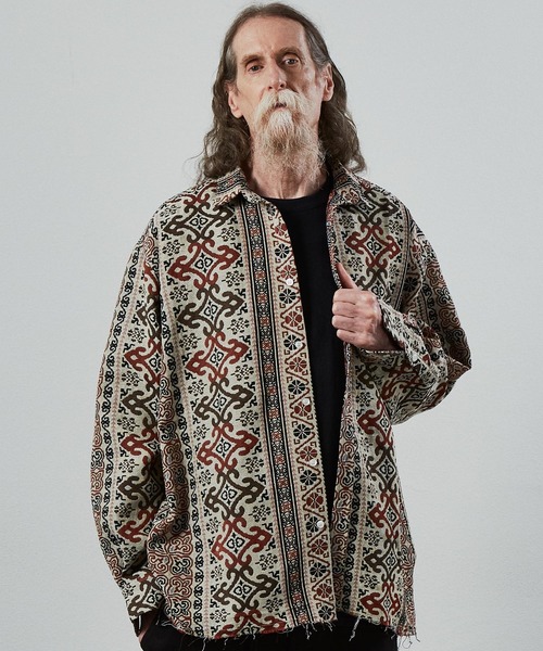 UNSELDs（アンセルズ）の「【UNSELDs アンセルズ】ゴブランカットオフシャツ［セットアップ対応］（シャツ/ブラウス・メンズ・ベージュ/ホワイト×ブラック・L/M）」の2枚目の写真