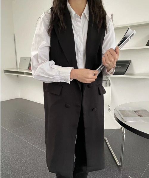 emi+（エミプラス）の「ロングベストジャケット（ベスト・レディース・ブラック/キャメル/カーキ/ネイビー/ブラウン/グレー・M/L/XL）」の9枚目の写真