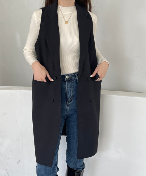 emi+（エミプラス）の「ロングベストジャケット（ベスト・レディース・ブラック/キャメル/カーキ/ネイビー/ブラウン/グレー・M/L/XL）」の21枚目の写真