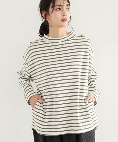 CRAFT STANDARD BOUTIQUE(クラフトスタンダードブティック)の「ポケット付きハイネックボーダーカットプルオーバー *(Tシャツ/カットソー・レディース・ベージュ/チャコールグレー/アイボリー/ピンク系その他2・FREE)」の2枚目の写真