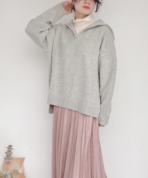 AS KNOW AS plus（アズノゥアズプラス）の「●ゆるりハーフジップ ニットプルオーバー（ニット/セーター・レディース・ホワイト×ブラック/杢グレー/ダークグリーン/オレンジ・FREE）」の12枚目の写真