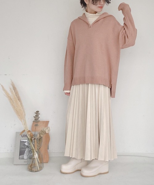 AS KNOW AS plus（アズノゥアズプラス）の「●ゆるりハーフジップ ニットプルオーバー（ニット/セーター・レディース・ホワイト×ブラック/杢グレー/ダークグリーン/オレンジ・FREE）」の7枚目の写真