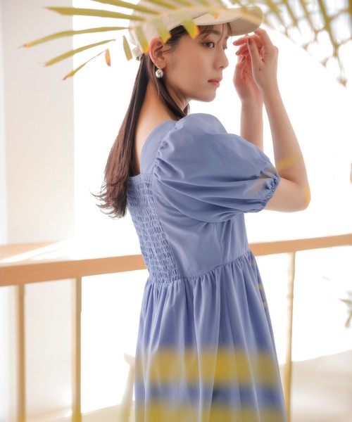 【WEB限定】スクエアネックバックギャザー袖ボリュームワンピース