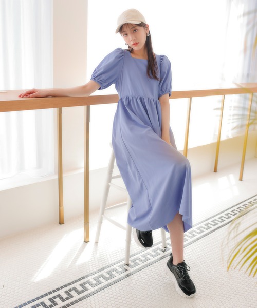【WEB限定】スクエアネックバックギャザー袖ボリュームワンピース