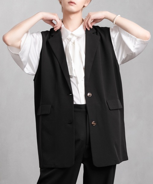 Adoon plain（アドーンプレーン）の「【Adoon plain】シングルテーラードジレ(セットアップ着用可)（ベスト・メンズ・ブラック/サックスブルー・MEDIUM/LARGE）」の2枚目の写真