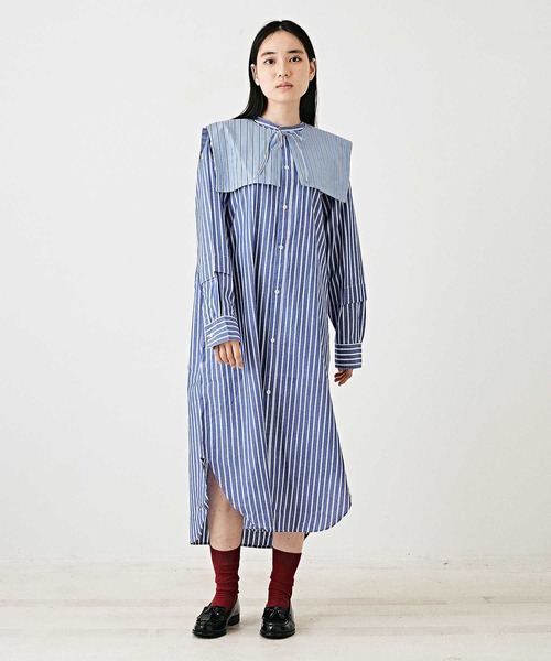 TOBILA(トビラ)の「ストライプリバーシブルつけ襟シャツワンピース(シャツワンピース・レディース・ブルー/レッド/グリーン・M)」の3枚目の写真