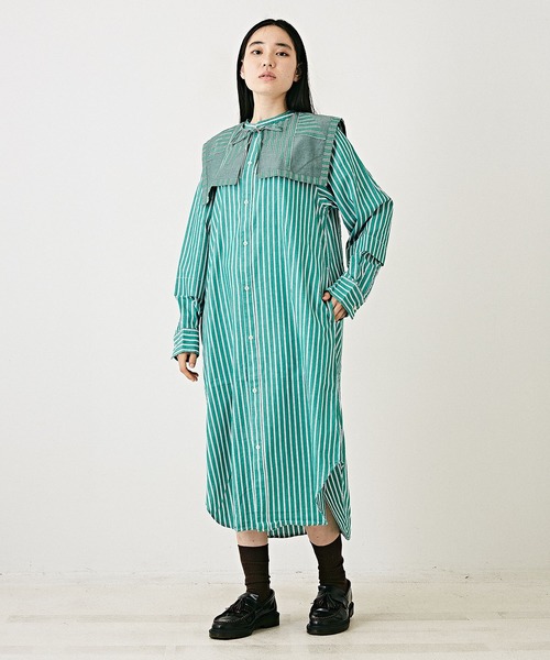 TOBILA(トビラ)の「ストライプリバーシブルつけ襟シャツワンピース(シャツワンピース・レディース・ブルー/レッド/グリーン・M)」の11枚目の写真
