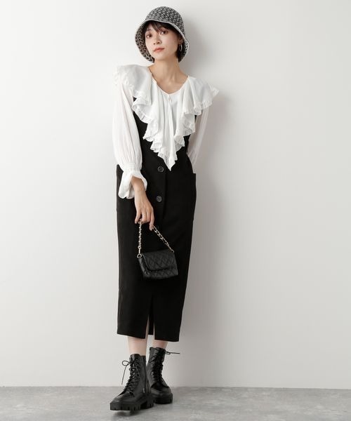 mysty woman（ミスティウーマン）の「アウトポケットジャンスカ 168393（ジャンパースカート・レディース・アイボリー/ブラック/モカ・FREE）」の5枚目の写真