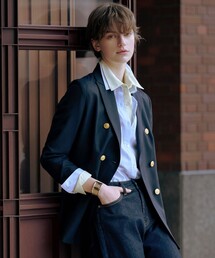 [NAVY BLUE] 未使用　シルク　ダブル　テーラードジャケット　ネイビー レディースのテーラードジャケット（ブルー・ネイビー/青色系