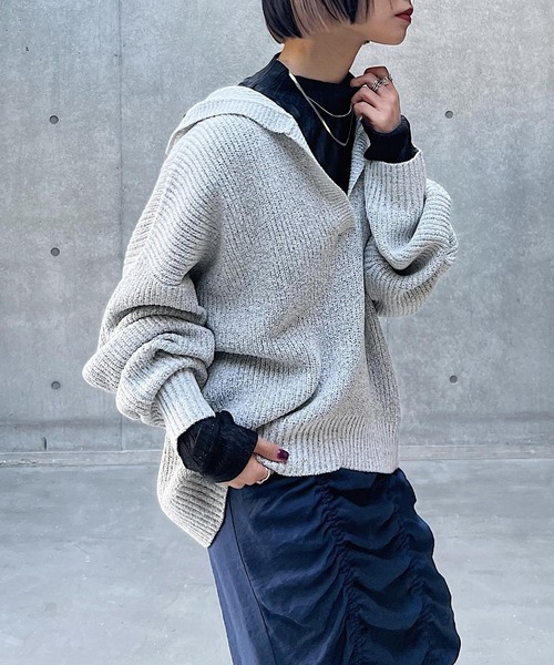 PAGEBOY（ページボーイ）の「ラウンドヘムニットパーカー（ニット/セーター・レディース・ラベンダー/ブラック/オフホワイト・FREE）」の6枚目の写真