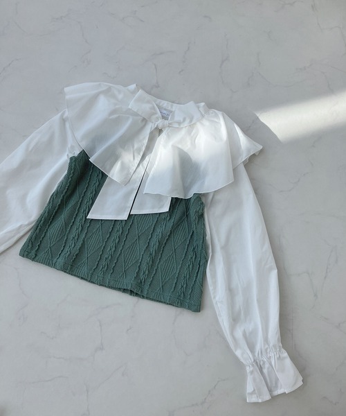 AS KNOW AS plus（アズノゥアズプラス）の「○ケープ衿 ケーブル切替え ボウタイブラウス（シャツ/ブラウス・レディース・ブラック/グリーン/アイボリー・FREE）」の8枚目の写真