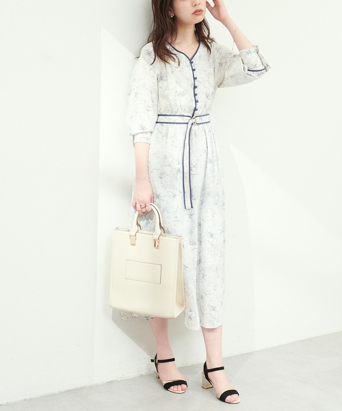 natural couture（ナチュラルクチュール）の「配色パイピングお上品ワンピース（ワンピース・レディース・ブラック/グレイッシュベージュ/グリーン/ブルー・FREE）」の4枚目の写真