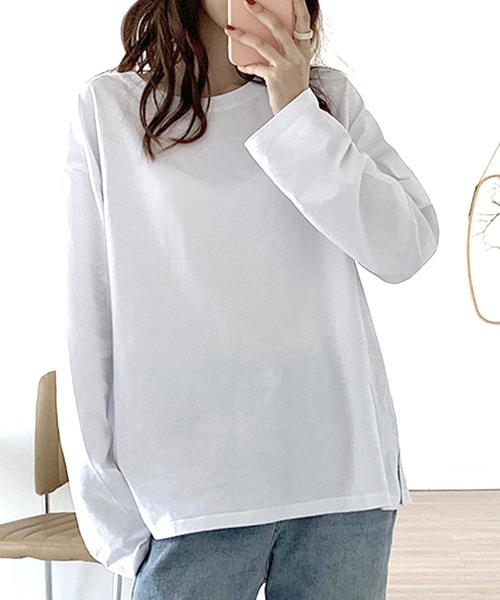Dewlily(デューリリー)の「オーバーサイズロングTシャツ(Tシャツ/カットソー・レディース・ブラック/ホワイト/ブルー/オレンジ/パープル・M/L/XL)」の8枚目の写真