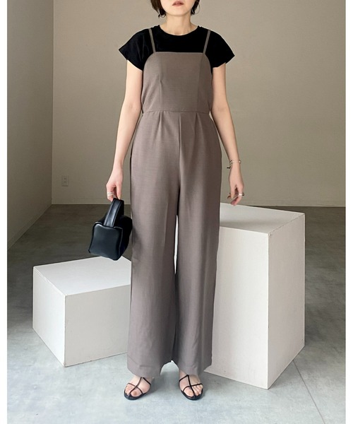 She's Closet(シーズクローゼット)の「バックシャーリングハイウエスト切り替えオールインワンワイドパンツキャミサロペット(サロペット/オーバーオール・レディース・アイボリー/カーキ/ブラック・FREE)」の12枚目の写真