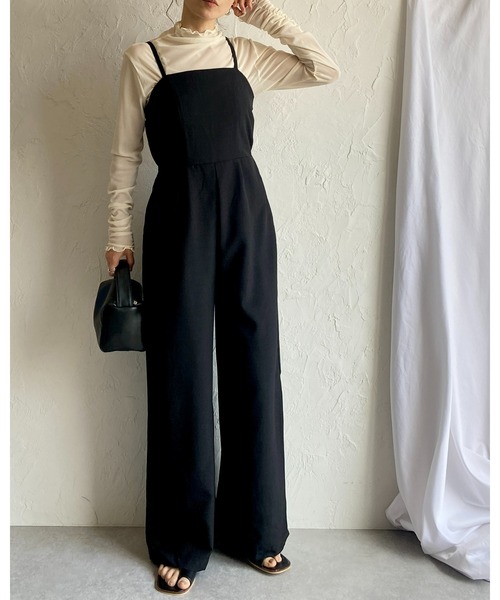 She's Closet(シーズクローゼット)の「バックシャーリングハイウエスト切り替えオールインワンワイドパンツキャミサロペット(サロペット/オーバーオール・レディース・アイボリー/カーキ/ブラック・FREE)」の9枚目の写真