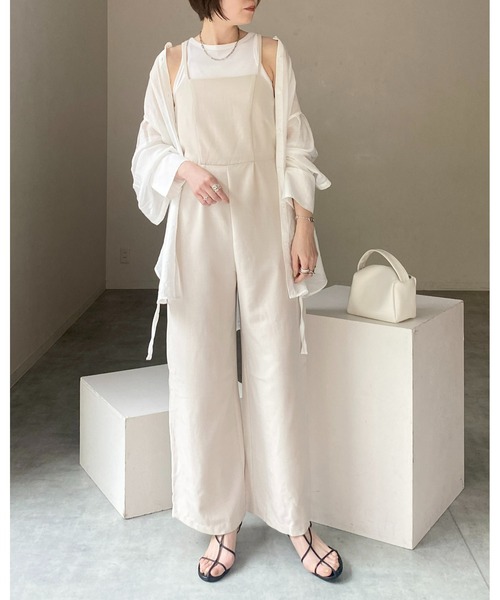 She's Closet(シーズクローゼット)の「バックシャーリングハイウエスト切り替えオールインワンワイドパンツキャミサロペット(サロペット/オーバーオール・レディース・アイボリー/カーキ/ブラック・FREE)」の14枚目の写真