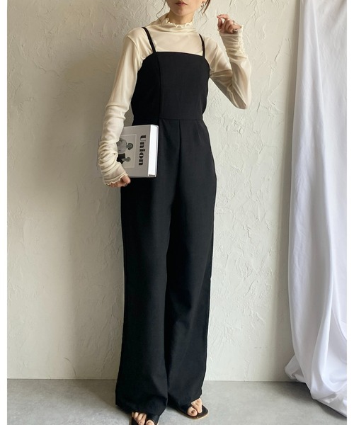 She's Closet(シーズクローゼット)の「バックシャーリングハイウエスト切り替えオールインワンワイドパンツキャミサロペット(サロペット/オーバーオール・レディース・アイボリー/カーキ/ブラック・FREE)」の15枚目の写真
