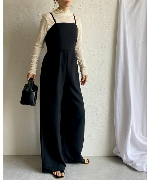 She's Closet(シーズクローゼット)の「バックシャーリングハイウエスト切り替えオールインワンワイドパンツキャミサロペット(サロペット/オーバーオール・レディース・アイボリー/カーキ/ブラック・FREE)」の22枚目の写真