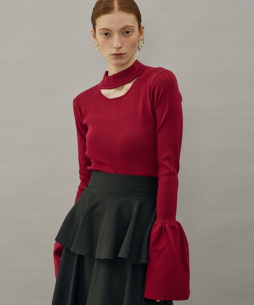 ベルスリーブチョーカーリブニットトップス（ニット/セーター